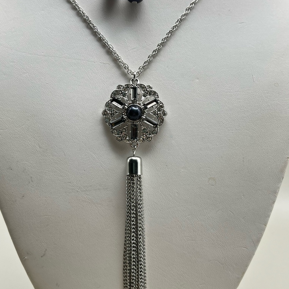 Elegant Silver with Navy Blue Pendant Necklace